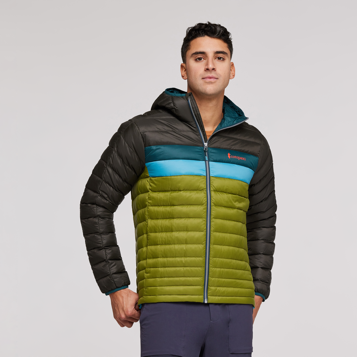 Fuego Hooded Down Jacket - Men's, Iron/Cedar, Model Munther